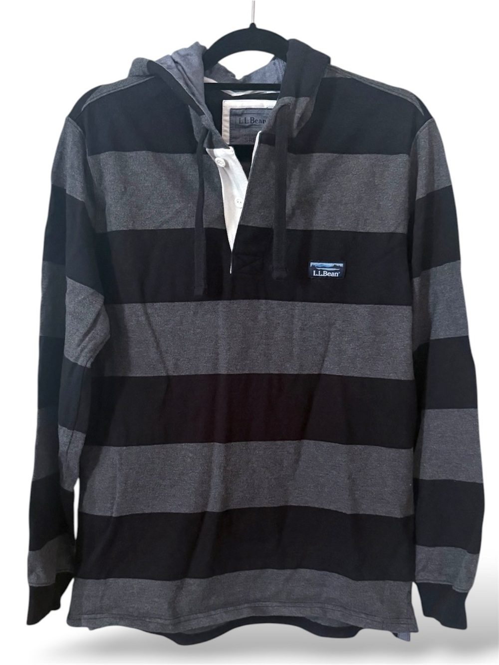 L.L.Bean Lakewashed Rugby Hoodie Small Gray Black Stripe Cotton Shirt